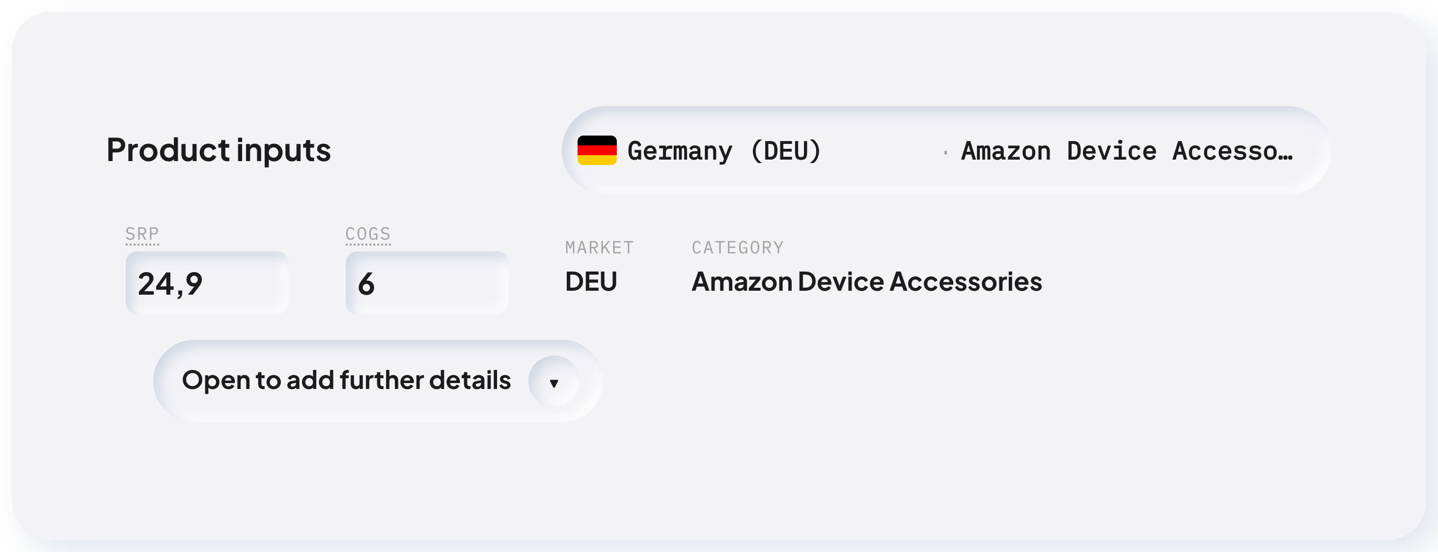 The AMZ Verdict product input card: a marketplace picker set to Germany, an Amazon category, a selling price of 24.90 and a unit cost of 6.